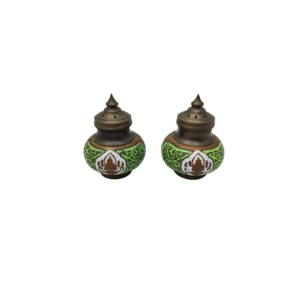 vintage india solid brass hand painted spice shakers